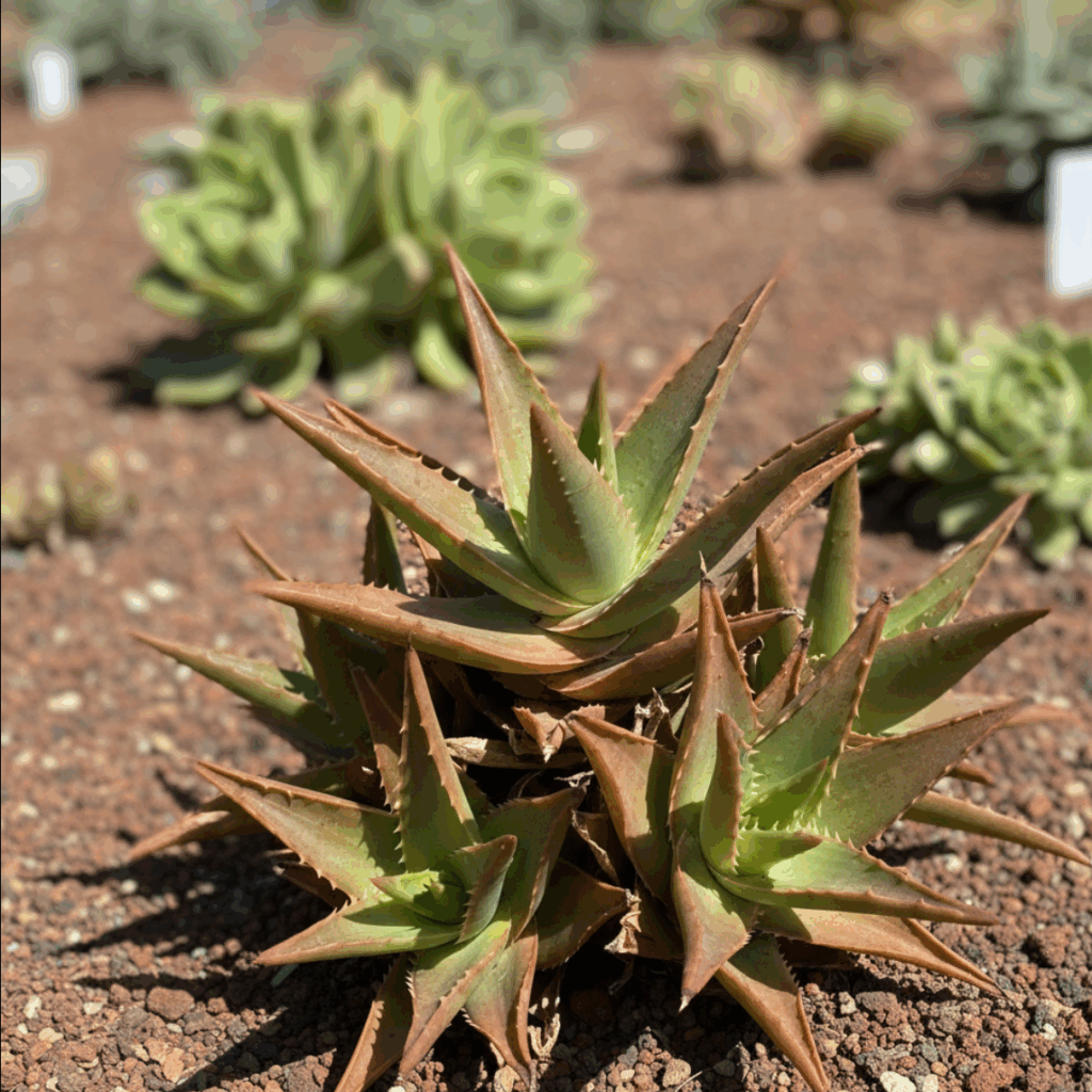 Aloe Juvenna y el exceso de sol Una espigada planta suculenta verde y marrón de Aloe juvenna crece en suelo rocoso, con suculentas borrosas visibles en el fondo.