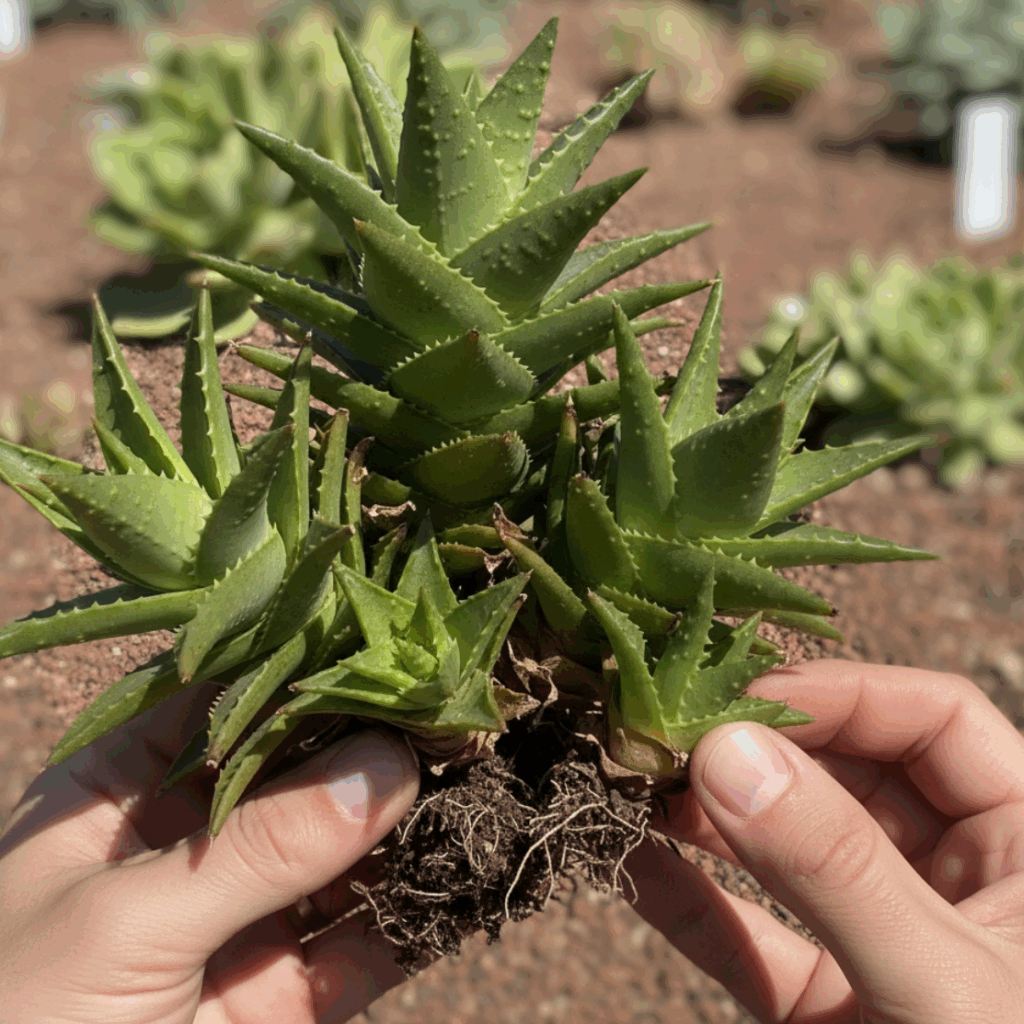 Aloe Juvenna y su propagacion con hijuelos - Dos manos sostienen una pequeña planta de Aloe juvenna con las raíces al descubierto, rodeada de tierra y otras suculentas al fondo.