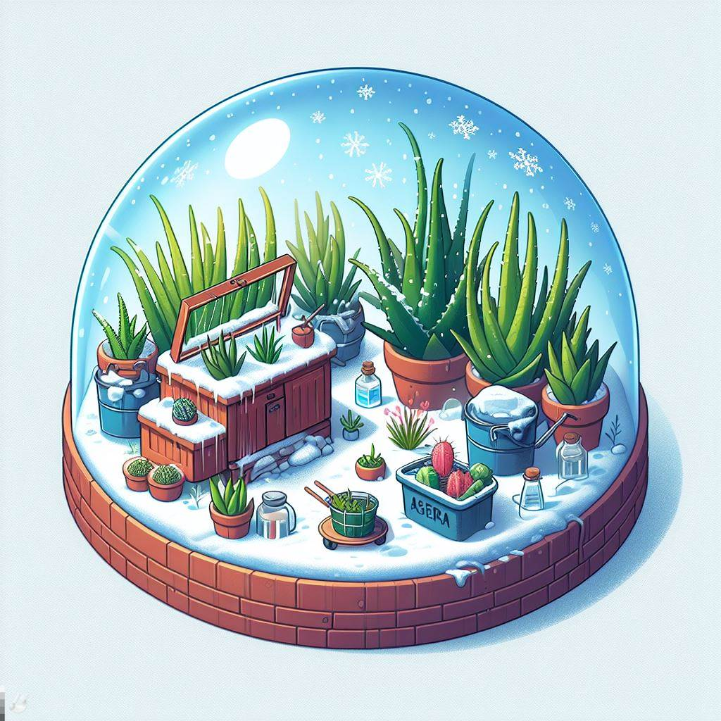 Cómo cuidar del Aloe Vera en invierno - Una ilustración de una bola de nieve con plantas que muestra el cuidado del Aloe Vera en invierno.