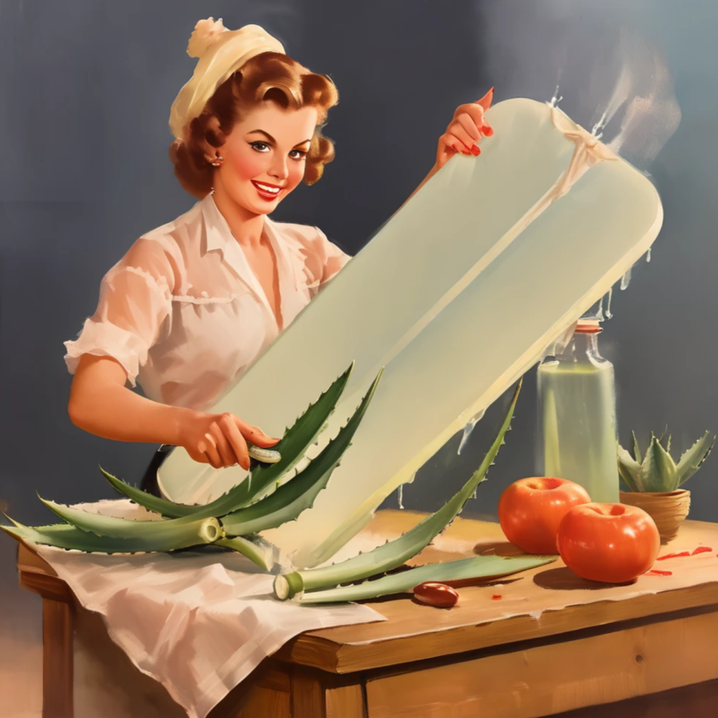 congelar el Aloe Vera para uso doméstico -- Una ilustración de una mujer cortando y congelando Aloe Vera para uso doméstico.