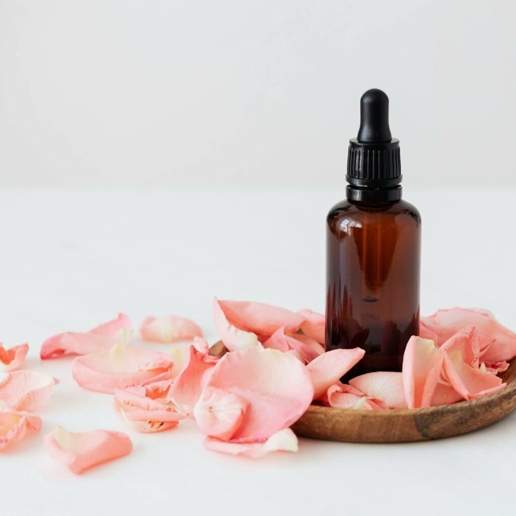 Gentle pale pink wavy rose petals placed on small round wooden plate and table near dark glass essence flask on white background