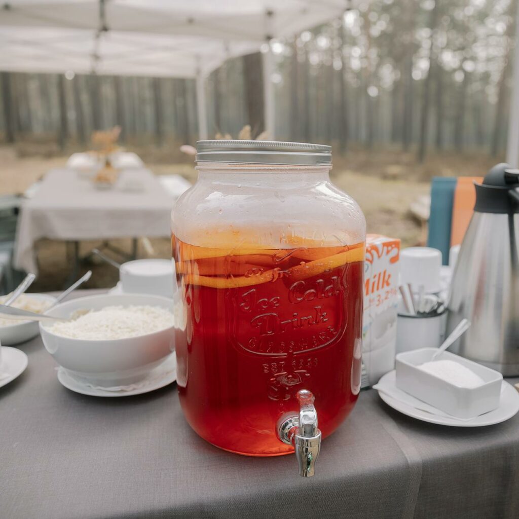 A table with a pitcher of tea and coffee